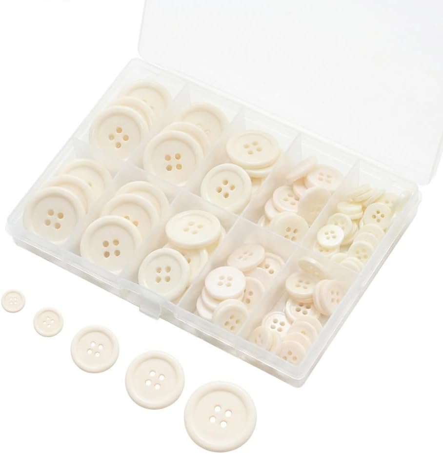 Lilaly 100 pcs Beige Buttons for Crafts, 5 Sizes Mixed Round Sewing Buttons for Clothes, Suitable for for DIY Crafts, Coats, Shirts, Pants, Shorts