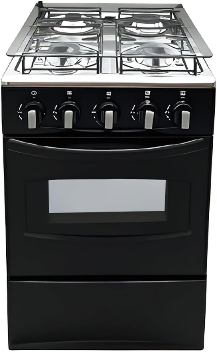 20" Freestanding LPG Oven - Equipped with 4 coil burners and Gas Stove with stainless steel 50L oven (Black: Automatic ignition)