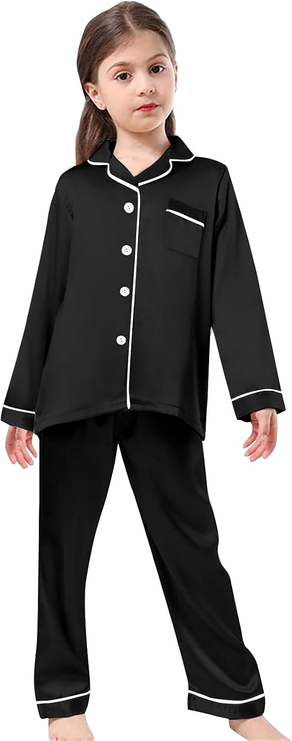 Schbbbta Girls & Women Pajamas Set, 2 Piece Satin Silky Pjs Button-Down Kids Sleepwear, 3 Years - XX-Large