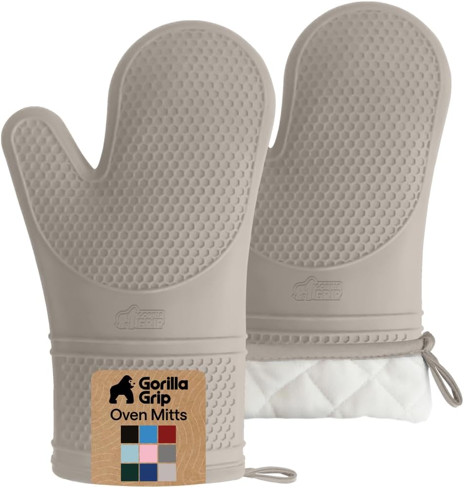 GORILLA GRIP Silicone Oven Mitts, 550F Heat Resistant, 12.5x8.3, Almond