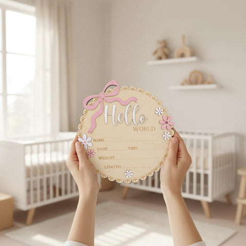 Hello World Wooden Baby Birth Announcement Sign, Pink Floral Newborn Name Date Time Weight Length Board, Baby Girl Nursery Decor Photo Prop Keepsake (Light Pink)