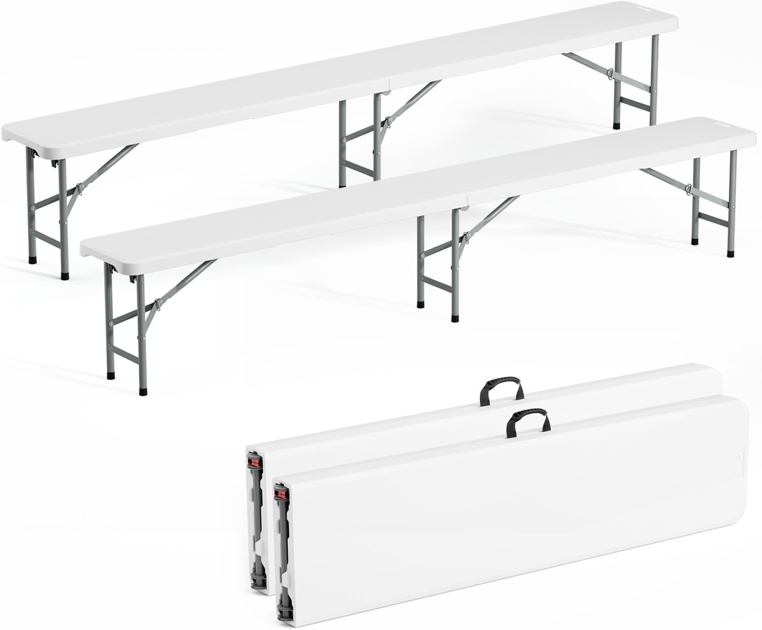 VINGLI 8 feet Plastic Folding Bench,Portable in/Outdoor Picnic Party Camping Dining Seat, Garden Soccer Multipurpose Entertaining Activities, Smooth HDPE Tabletop (2, White, 8ft)