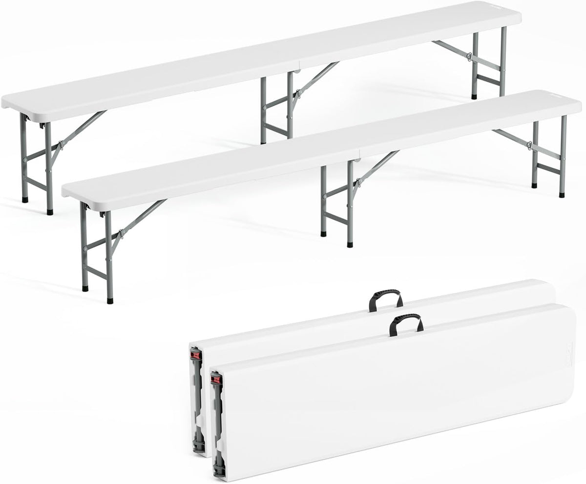 VINGLI 8 feet Plastic Folding Bench,Portable in/Outdoor Picnic Party Camping Dining Seat, Garden Soccer Multipurpose Entertaining Activities, Smooth HDPE Tabletop (2, White, 8ft)