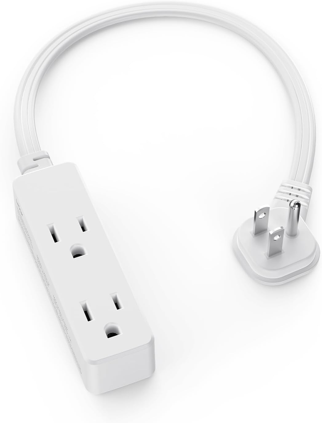 Flat Plug Extension Cord with 3 Outlets - 1 ft White Low Profile Indoor 3 Prong Grounded Power Strip for Home Office & Travel - 16/3 AWG, 13A/1625W