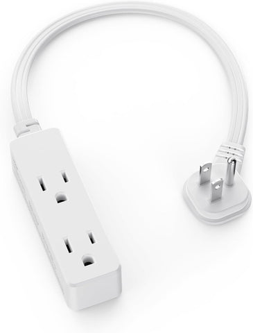 Flat Plug Extension Cord with 3 Outlets - 1 ft White Low Profile Indoor 3 Prong Grounded Power Strip for Home Office & Travel - 16/3 AWG, 13A/1625W