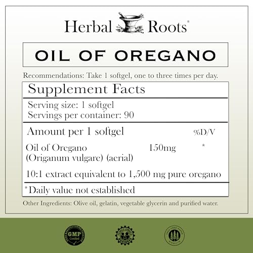 Herbal Roots Oil of Oregano - Made from Mediterranean Oregano Oil - 90 Easy to Swallow Softgel Capsules - Extra Strength 150mg