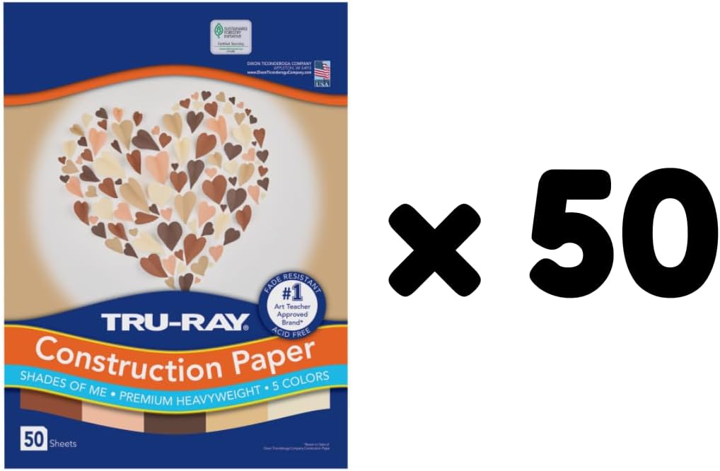 Tru-Ray Shades of Me Construction Paper, 5 Assorted Skin Tone Colors, 9" x 12", 50 Sheets/Pack, Case of 50 Packs, 2500 Sheets Total
