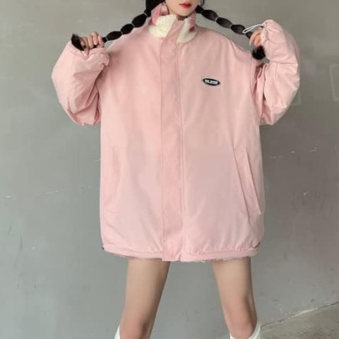 Sumleno Women's Fleece Sherpa Jackets Reversible Kawaii Heart Print Fuzzy Zip Up Cutecore Coats Aesthetic Y2k Gyaru Clothes