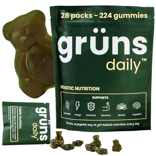 Super Greens Gummy Bears: Organic Spirulina and Chlorella, Prebiotics for Digestive Health, 20+ Vitamins and Minerals - 28 sachets - 224 Gummies