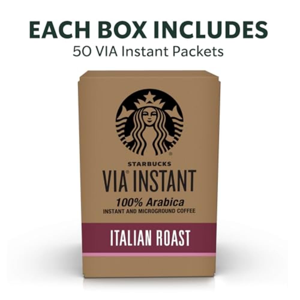 Starbucks VIA Instant Coffee, Dark Roast Coffee, Italian Roast, 100% Arabica, Single-Serve, 1 Box (50 Packets) | 100% Arabica instant coffee packets; Italian Roast dark roast; 1 box, 50 packets