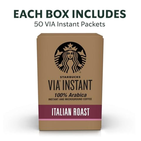 Starbucks VIA Instant Coffee, Dark Roast Coffee, Italian Roast, 100% Arabica, Single-Serve, 1 Box (50 Packets) | 100% Arabica instant coffee packets; Italian Roast dark roast; 1 box, 50 packets