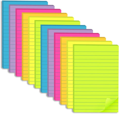 (12 Pack) Lined Sticky Notes 4x6 in,Bright Large Notepads with Lines