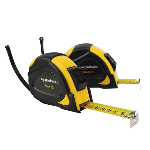 Amazon Basics Self-Locking Tape Measure, 25ft (8-meters), Accurate Dual Scale inch/metric, MID Accuracy, Extendable, 2-Pack, Yellow