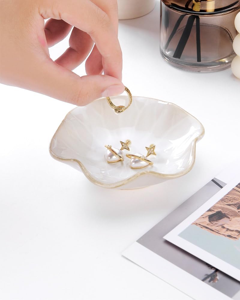 JAMEND CLXP 2PCS Lotus Leaf Shape Ring Holder Dish, Small Key Bowl, Ceramic Trinket Tray Jewelry Dish Organizing Necklace Earrings for Mom Friend Sister, All Jewelries Are NOT Included. White +Pink.…