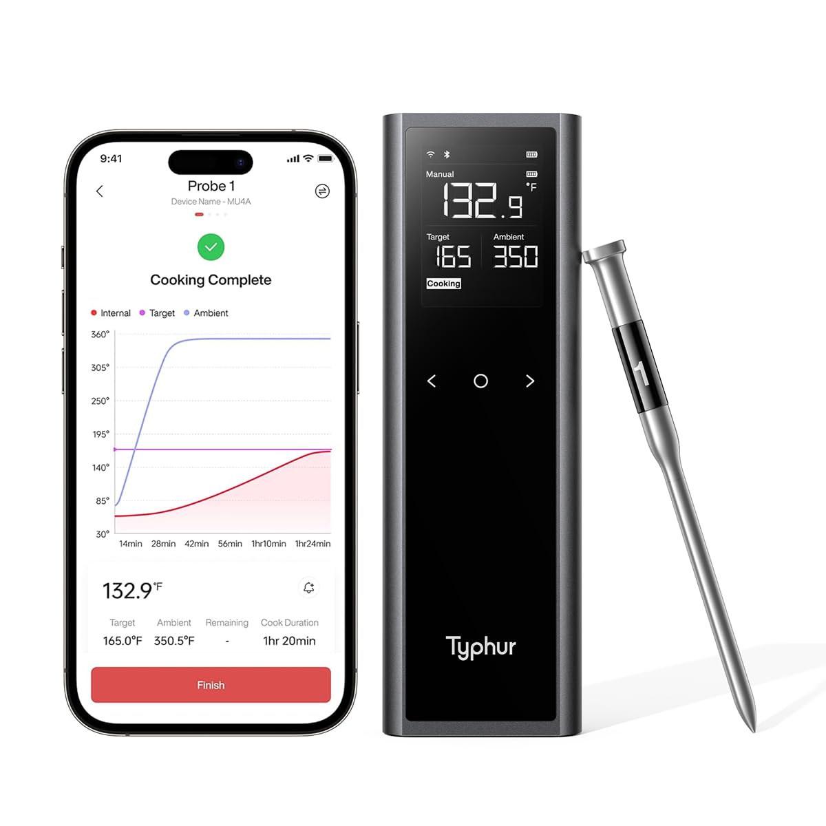 Typhur Sync One Gen 2 Smart Wireless Meat Thermometer with 6-Sensor: Standalone Base with LCD Display, Unlimited WiFi & Bluetooth Range, ±0.5℉ Accuracy, Enhanced Signal Stability for BBQ, Grill, Oven