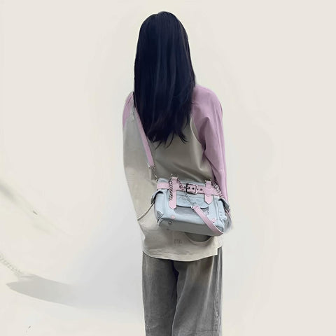 RILGOU Y2K Harajuku Kawaii Goth Casual Style Denim Cute Heart and Pink Belt Decor Adjustable Cross-body Shoulder Bag