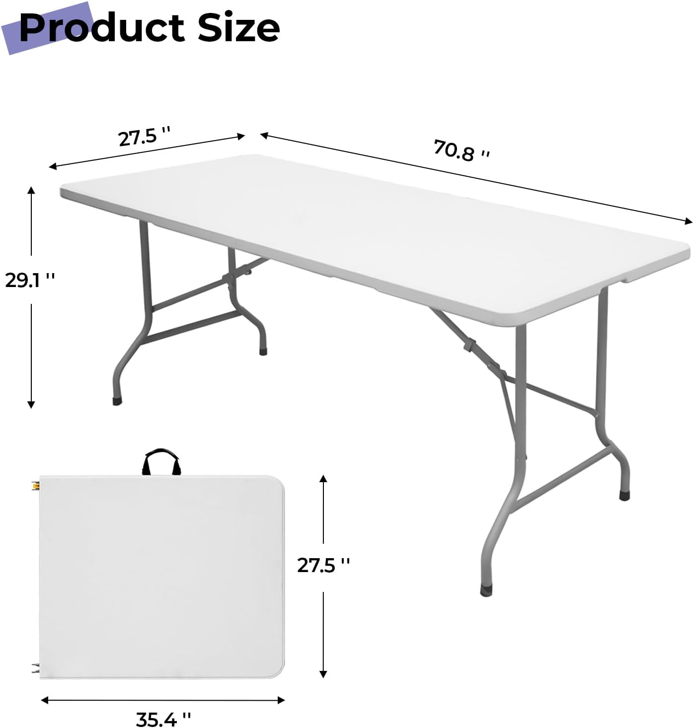 Folding Table 6ft, Heavy Duty Plastic Fold-in-Half Utility Table, White