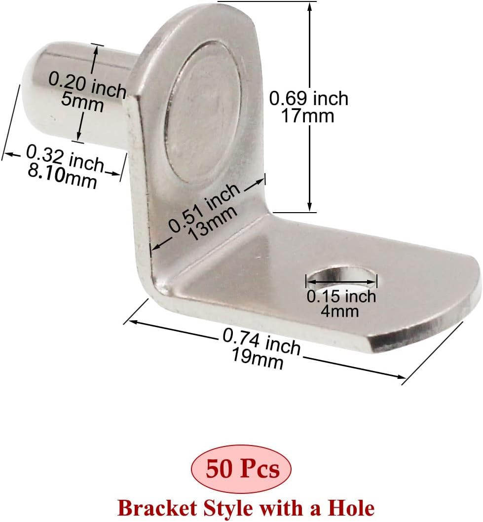 Shelf Support Pegs, 50 Pcs Shelf Pegs with Hole, 5mm (1/5 inch) Cabinet Shelf Bracket Pegs, L-Shaped Nickel Plated Shelf Pins Holders for Bookcase Kitchen Closet Shelf Shelves Furniture Cabinet