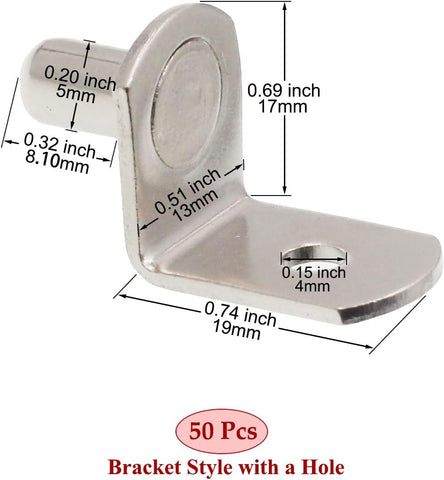 Shelf Support Pegs, 50 Pcs Shelf Pegs with Hole, 5mm (1/5 inch) Cabinet Shelf Bracket Pegs, L-Shaped Nickel Plated Shelf Pins Holders for Bookcase Kitchen Closet Shelf Shelves Furniture Cabinet