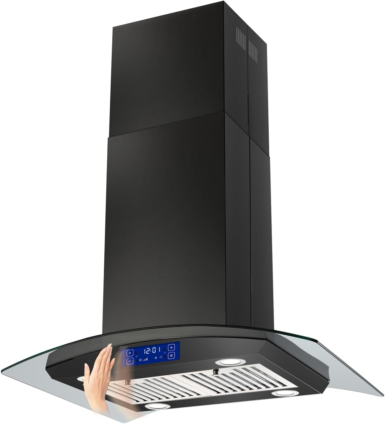JOEAONZ 30 Inch Island Range Hood Black 700CFM, Gesture & Touch Panel Ceiling Mount Vent Hood, Stainless Steel Kitchen Exhaust Fan Convertible, Tempered Glass, LED lights, Permanent Baffle Filters