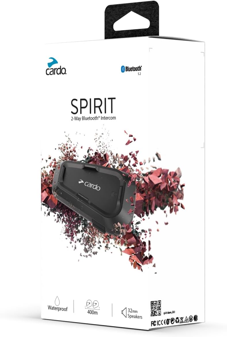 Cardo Systems Spirit Motorcycle Bluetooth Communication Headset, 2-Way Bluetooth, Thin 32mm Speakers, Waterproof, Universal Connectivity - Single Pack