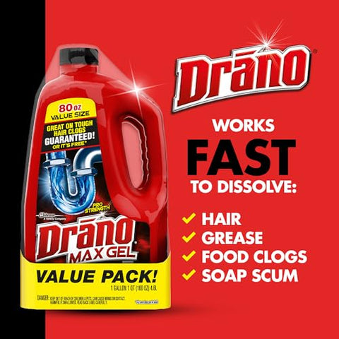 Drano Max Gel Drain Clog Remover and Cleaner for Shower or Sink Drains, Unclogs and Removes Hair, Soap Scum and Blockages, 80 Oz, Pack of 2