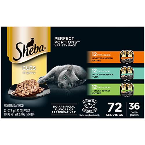 Sheba Perfect Portions Cuts in Gravy Wet Cat Food Trays (36 Count, 72 Servings), Roasted Chicken, Signature Tuna and Tender Turkey Entrée, Easy Peel Twin-Pack Trays