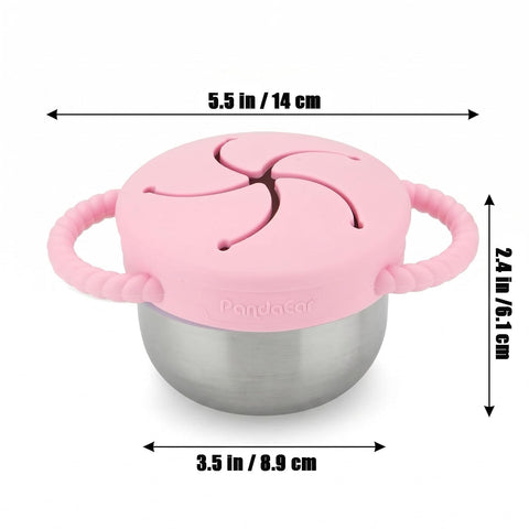 PandaEar 2 Pack Stainless Steel Toddler Snack Cups, Spill Proof Snack Containers with Silicone Food Catcher & Handles, 9 oz Baby Snack Cup Holder with Lid for Kids, Dishwasher Safe (Blue & Pink)