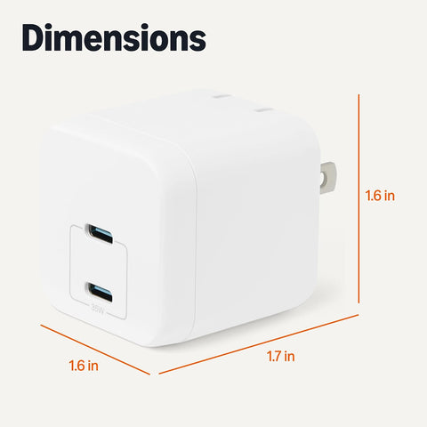 Amazon Basics 35W Fast Charging USB-C Nano GaN Wall Charger, 2-Port for Phones, Tablets, Charge 2 Devices Simultaneously, White