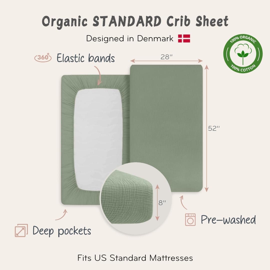 Crib Sheets, 100% Organic Cotton Muslin, 28"x52" Standard 2-Pack
