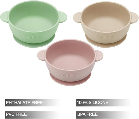 PandaEar 3 Pack Baby Bowls with Suction, Stay Put Silicone Food Bowl