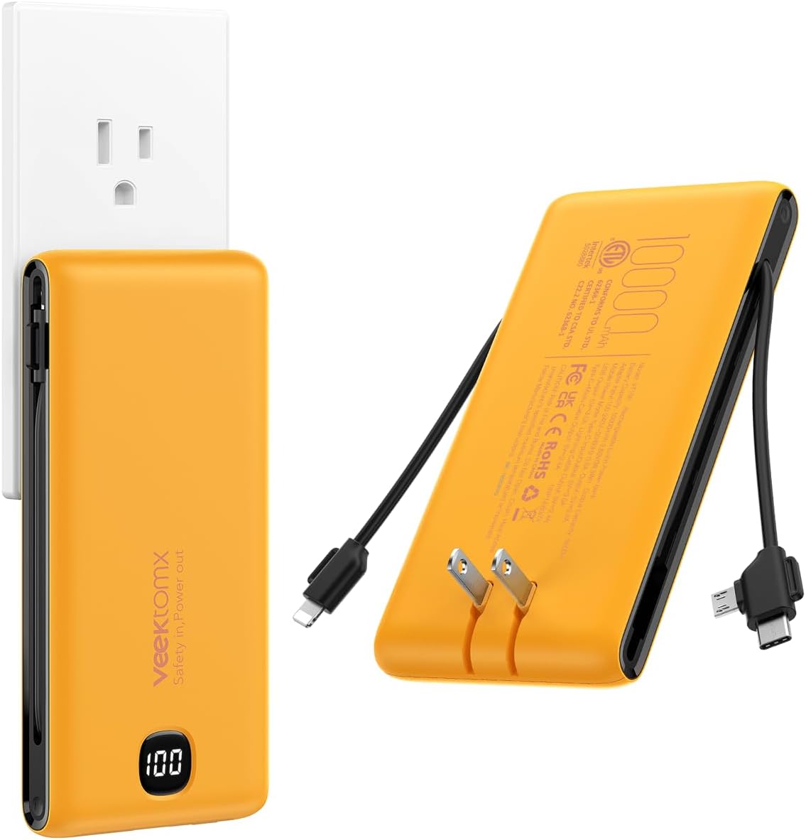 VEEKTOMX 10000mAh Portable Charger with Built-in Cables & Wall Plug