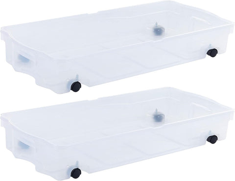 Rubbermaid 68 Quart Under the Bed Low Profile Storage Boxes with Dual Hinged Lids and Easy Rolling Caster Wheels, Clear, 2 Pack