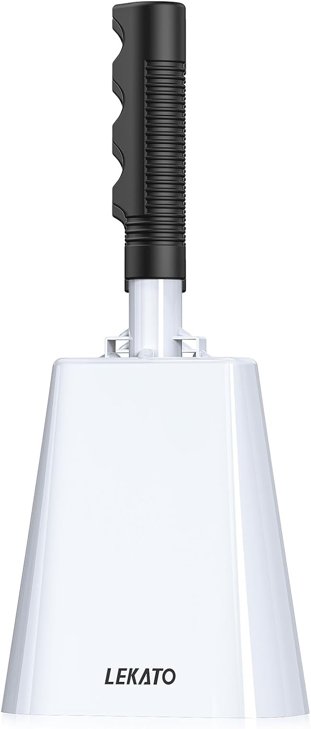 LEKATO 10 Inch Cowbell Noise Makers, Cow bell with Handle for Sporting Events Cheering Steel Cow Bell for Football Games,Party, Concert, Graduation, School, Farm Ranch(White)