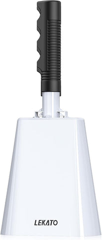 LEKATO 10 Inch Cowbell Noise Makers, Cow bell with Handle for Sporting Events Cheering Steel Cow Bell for Football Games,Party, Concert, Graduation, School, Farm Ranch(White)