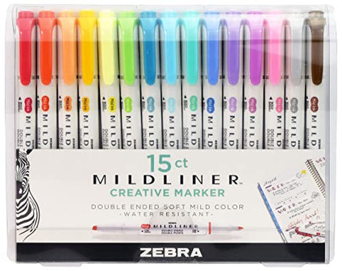 Zebra Pen Mildliner Double Ended Highlighter Set, Chisel and Bullet Tips, Assorted Ink Colors, 15-Pack