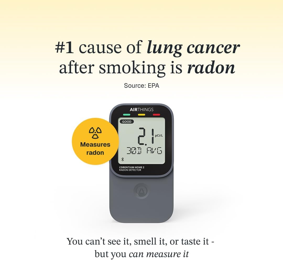 Airthings 325 Corentium Home 2 Smart Digital Radon Detector - Portable and Easy-to-use Radon Testing with Bluetooth connectivity and Humidity & Temperature Sensors