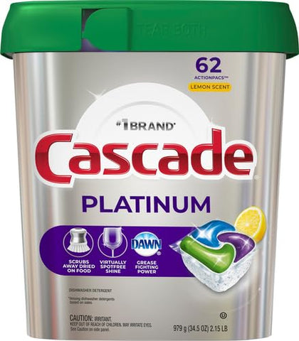 Cascade Platinum Dishwasher Pods, Dishwasher Detergent, Dishwasher Soap, Actionpacs, Lemon, 62 Count