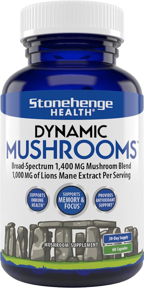 Stonehenge Health Dynamic Mushrooms - 100% Fruiting Bodies & Extracts - Lion’s Mane, Chaga, Maitake, Shiitake, Reishi - Nootropic Brain & Immune System Support - No Mycelium - 60 Veggie Capsules