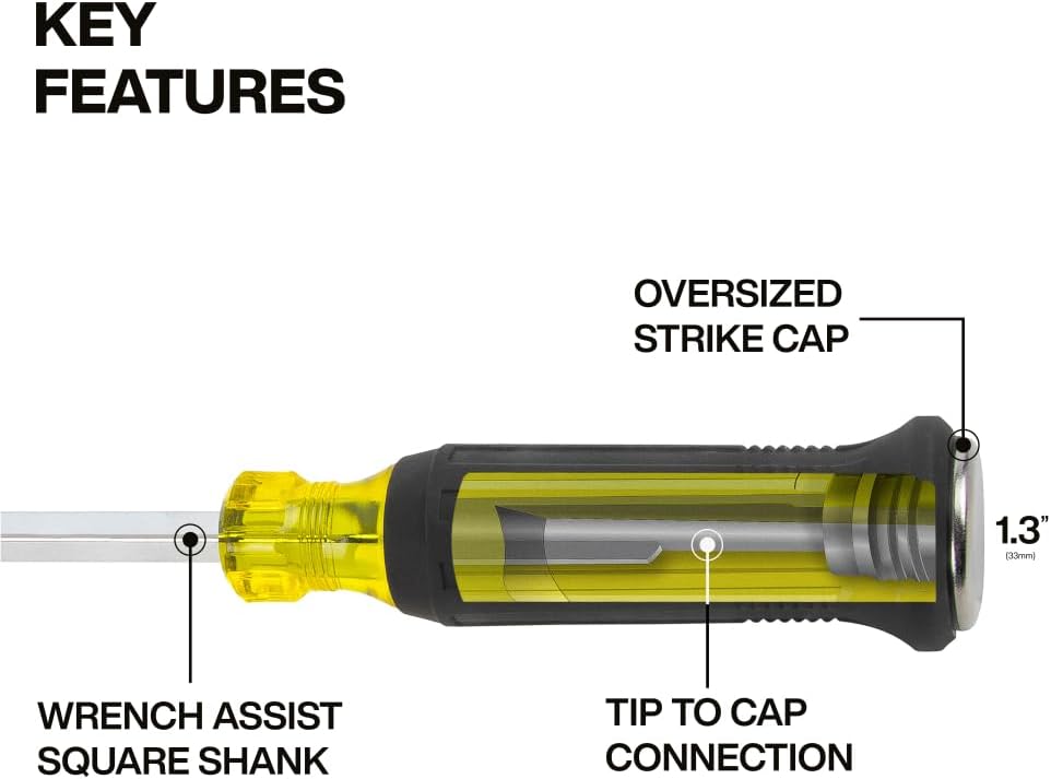 Klein Tools 6007DD 5/16-Inch Keystone Demolition Screwdriver, 7-Inch Blade, Steel Tip-to-Cap Construction Demo Screwdriver, Cushion-Grip Handle, Oversized Strike Cap, Square Shank with Wrench Assist