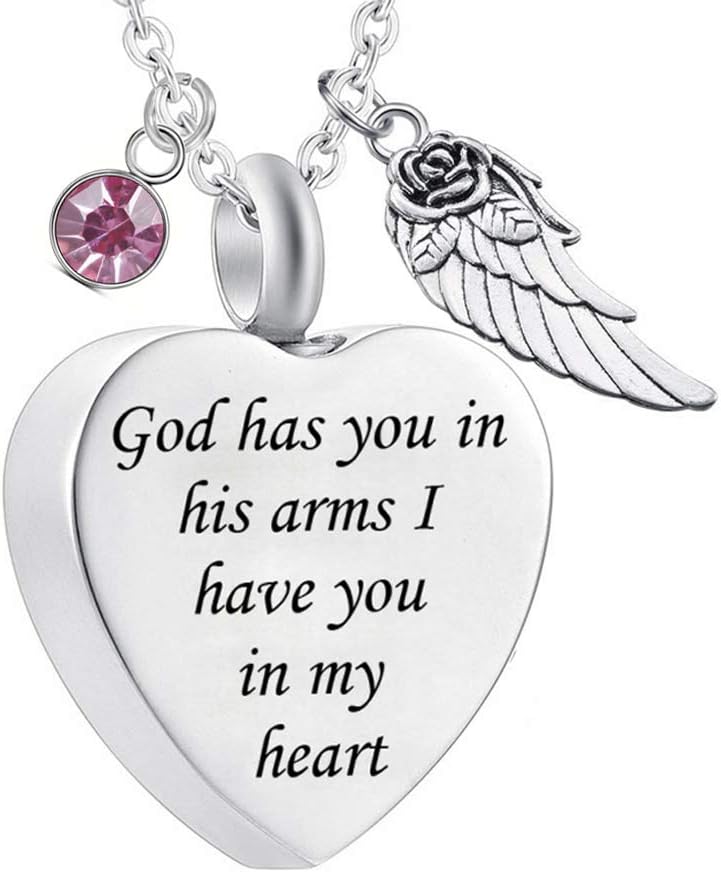 God has You in his arms with Angel Wing Charm Cremation Ashes Jewelry Keepsake Memorial Urn Necklace with Birthstone Crystal