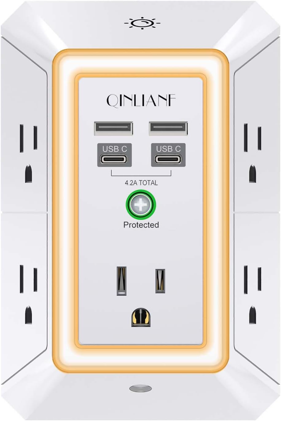 Surge Protector, QINLIANF 5 Outlet Extender with 4 USB Ports(2USB-C)