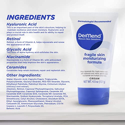 Dermend Specialized Fragile Skin Moisturizing Cream: Formula to Restore & Rejuvenate Mature Skin - Daily Moisturizer & Anti Wrinkle Cream for Firming & Strengthening Thin, Aging Skin - 4.5 Oz Tube