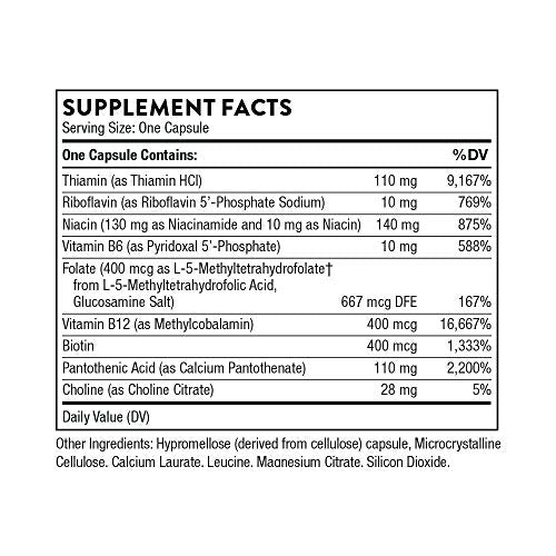 THORNE Basic B-Complex - Tissue-Ready Vitamin B Complex Supplement with Choline - Supports Cellular Energy Production, Brain Health & Red Blood Cell Formation - Gluten-Free, Dairy-Free - 60 Capsules