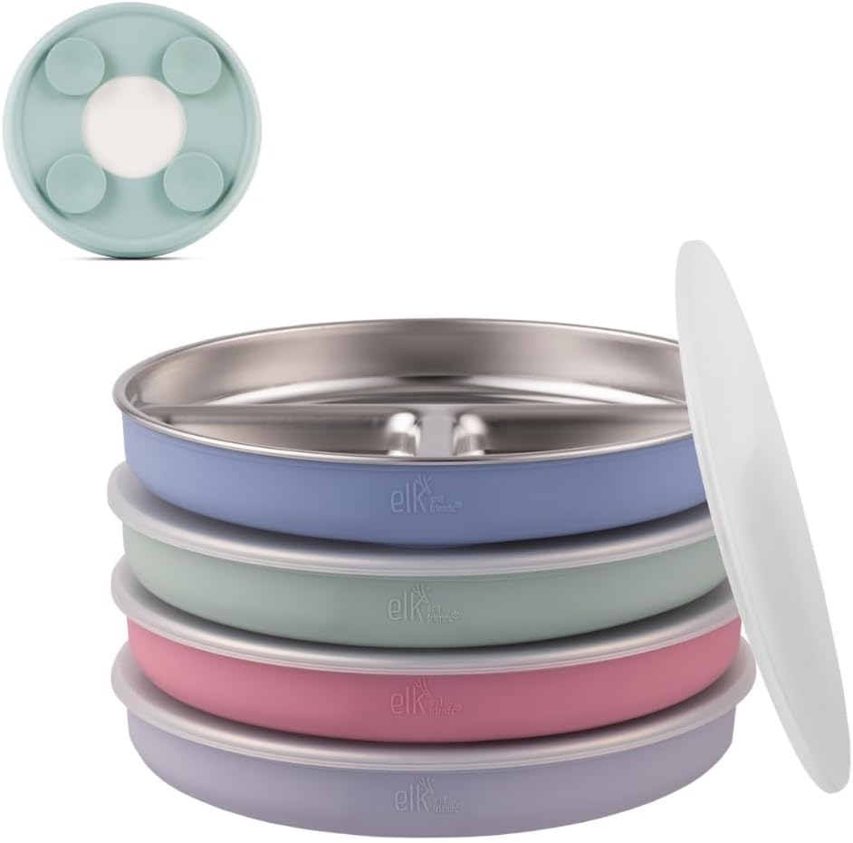 Elk and Friends Kids/Toddler 7.8" Stainless Steel Divided Plate + Lid | 4pk
