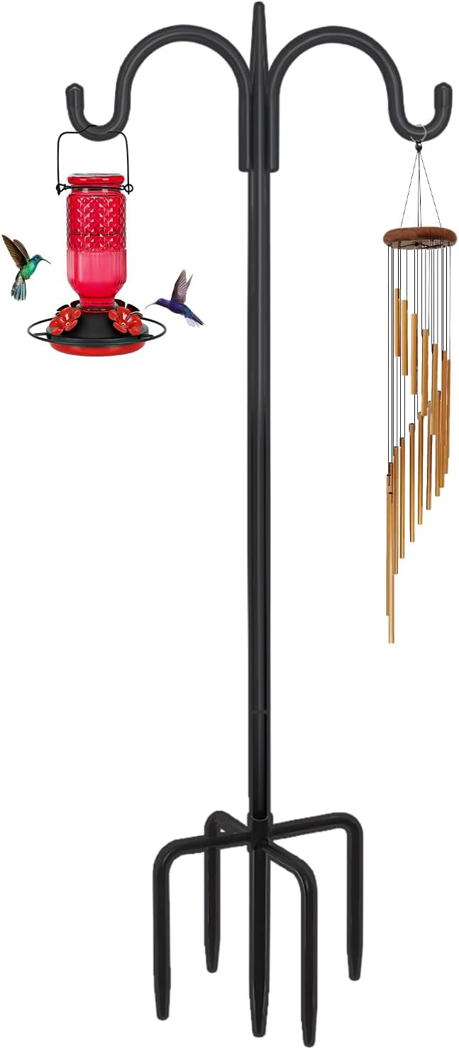 FEED GARDEN Heavy Duty Shepherds Hook 92" Double Hooks Adjustable (44/60/76/92") - Metal 5-Prong Base, 15lb Capacity - Easy Assembly Bird Feeder Pole for Hanging Planters, Lanterns, Wind Chimes
