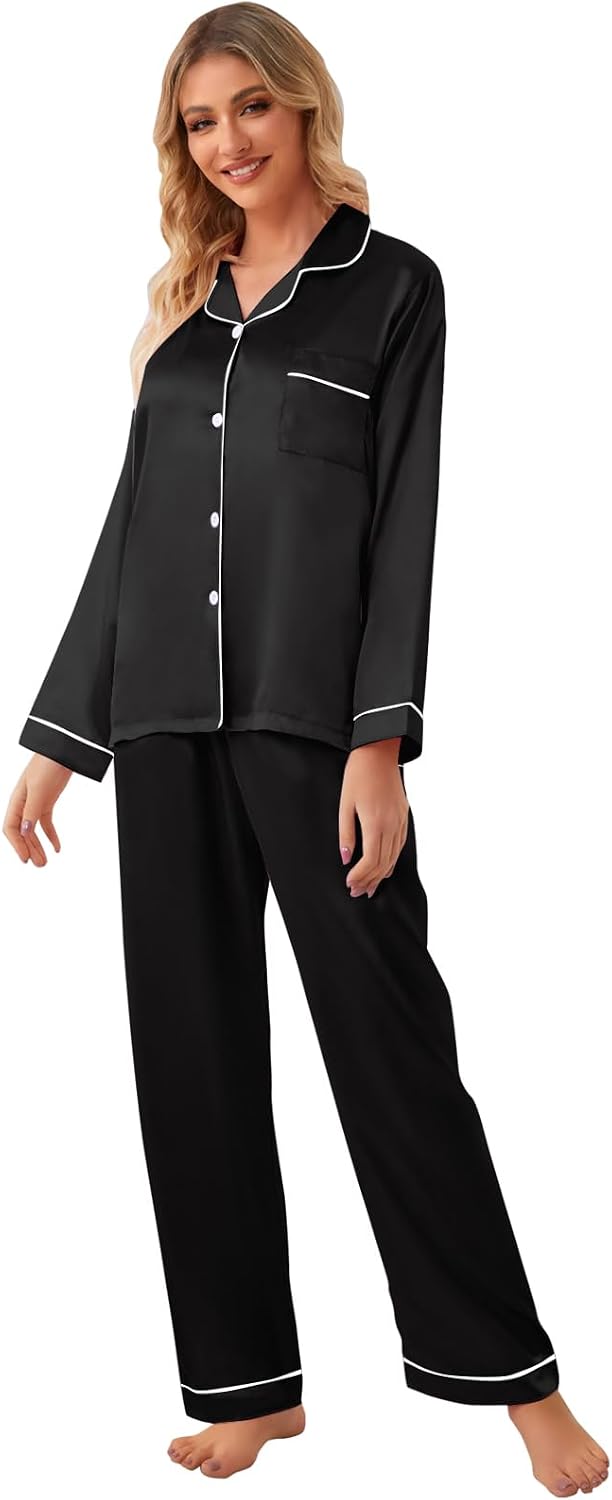 Schbbbta Girls & Women Pajamas Set, 2 Piece Satin Silky Pjs Button-Down Kids Sleepwear, 3 Years - XX-Large