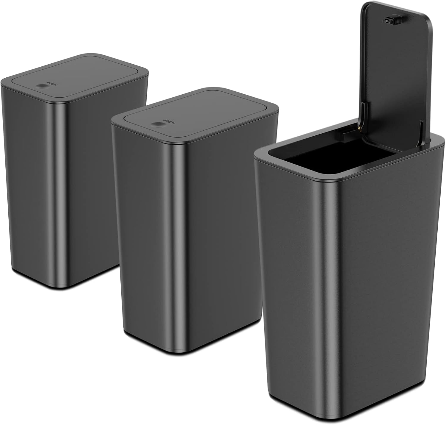 NETDOT 3 Pack 10 L/2.6 Gal Bathroom & Kitchen Trash Can with Press Type Lid, Black Slim Garbage Cans for Bathroom, Kitchen, Office, Bedroom