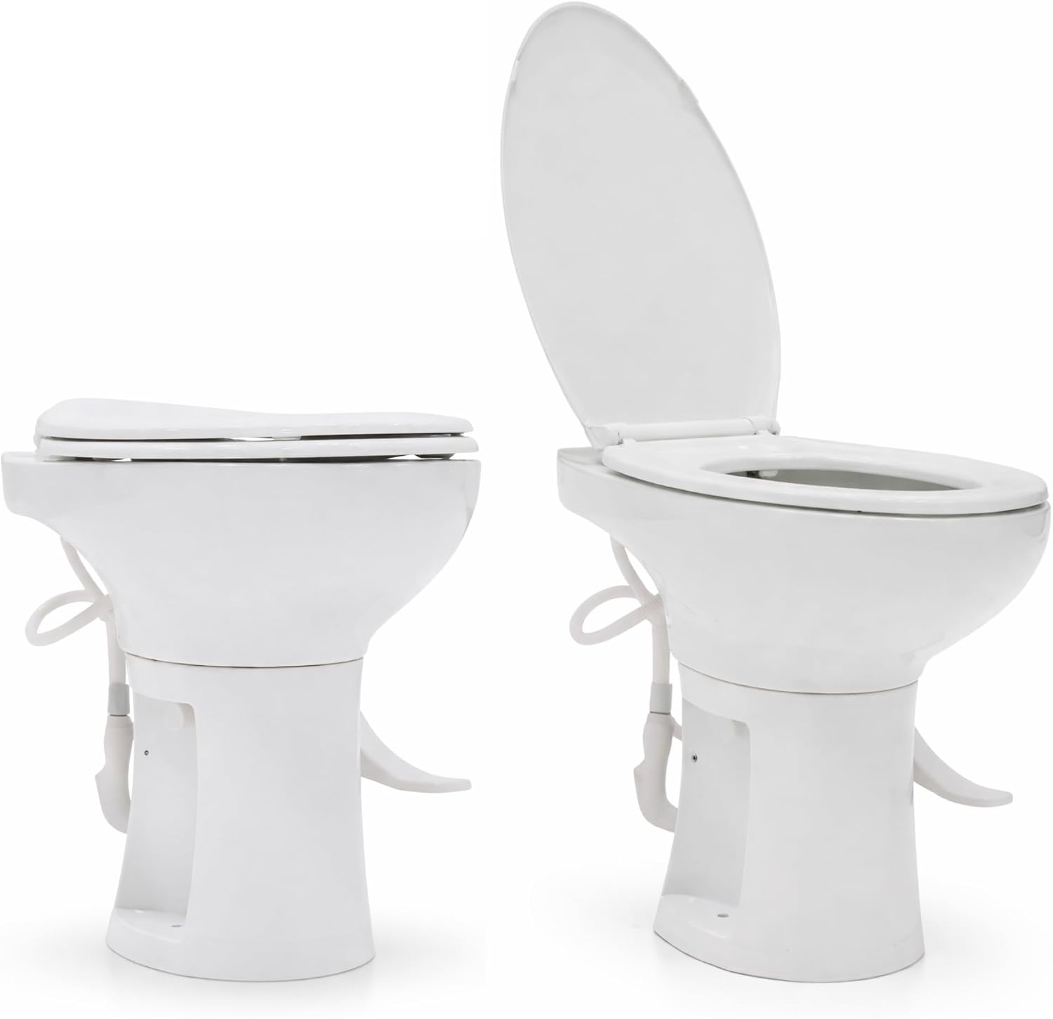 SEAFLO Porcelain RV Toilet with Sprayer Attachment - Elongated Bowl 19” Inch Residential Height, Gravity Flush, Foot Pedal Soft Close Seat Camper Motorhome Easy Install 4 -year Warranty SFRTCH-02-02