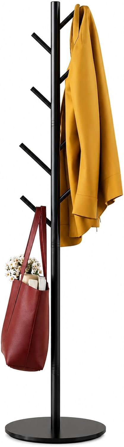 Coat Rack with 8 Hooks, 3 Adjustable Heights, Modern Hall Tree, Sturdy Metal Clothes Stand with Sintered Stone Base for Entryway, Office, Bedroom, for Coats, Hats, Handbags and Scarves, Black